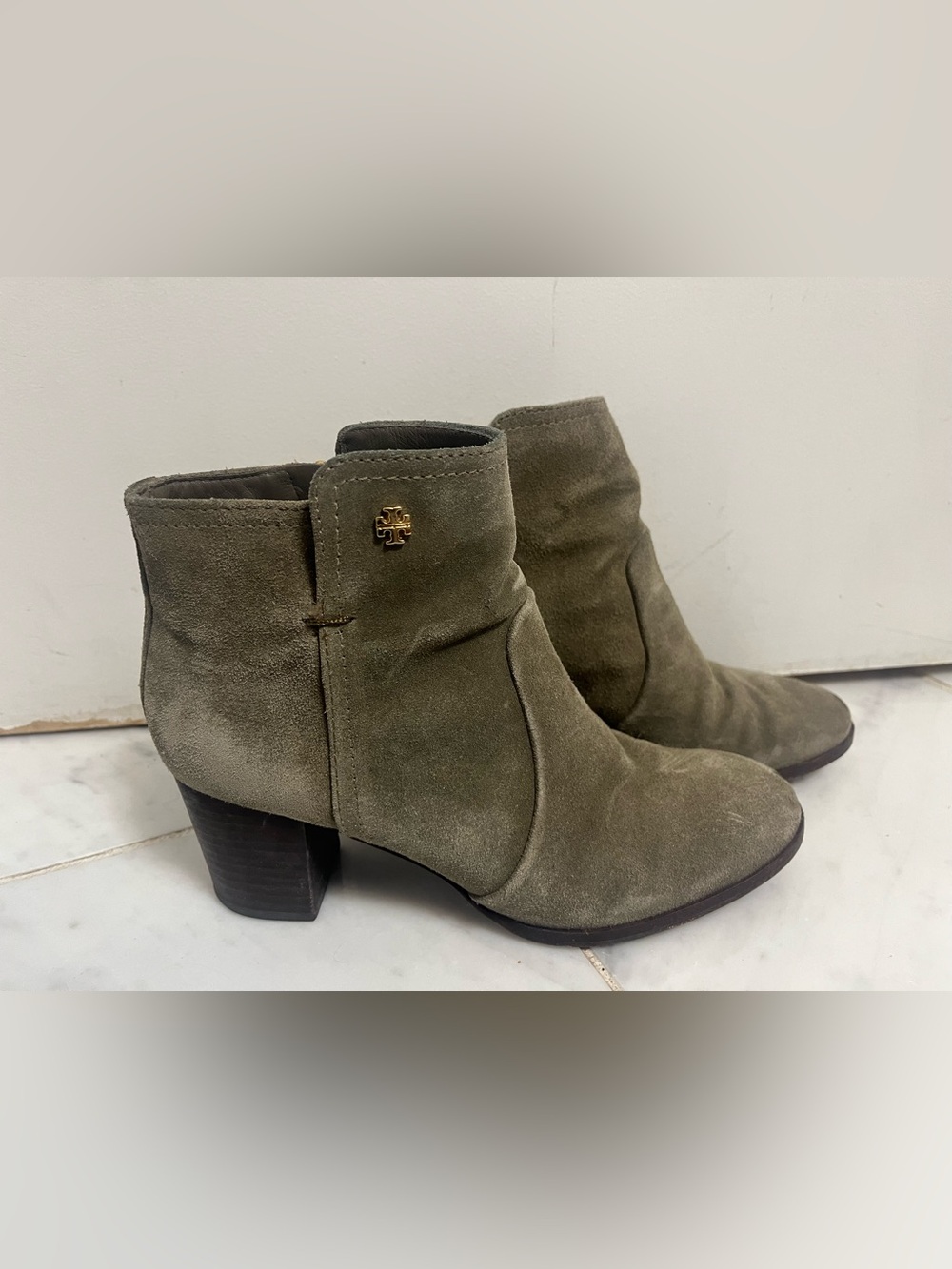 Tory Burch Olive Green Suede Block Heel Ankle Boots